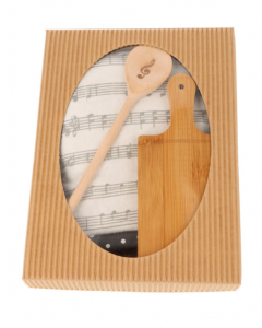 Set regalo con guanto da forno, mini cucchiaio da cucina e mini tagliere